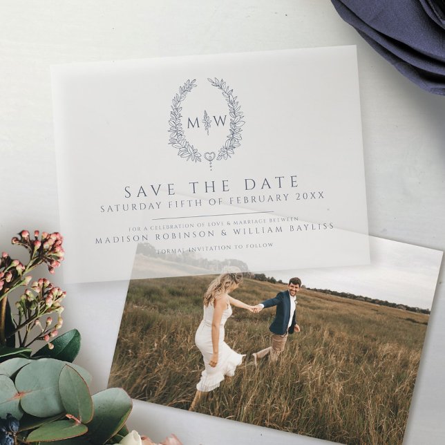 Blue oval monogram save the date wedding vellum invitations (Creator Uploaded)