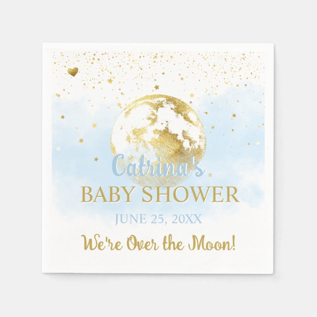 Blue Over the Moon and Stars Celestial Baby Shower Napkin (Front)