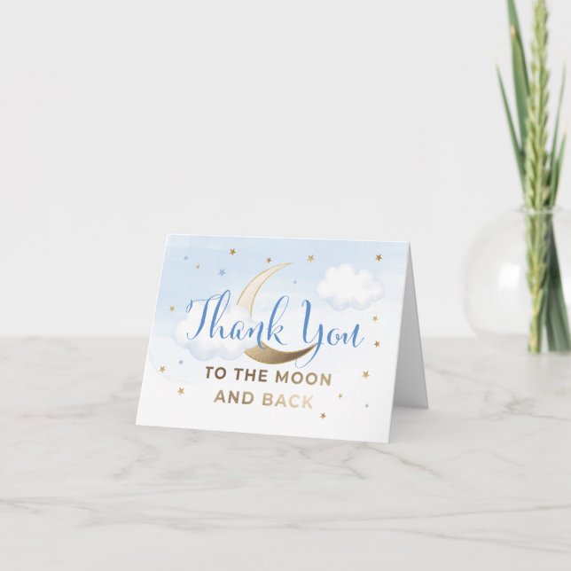 Blue Over the Moon Baby shower Merci Cartes (Devant)