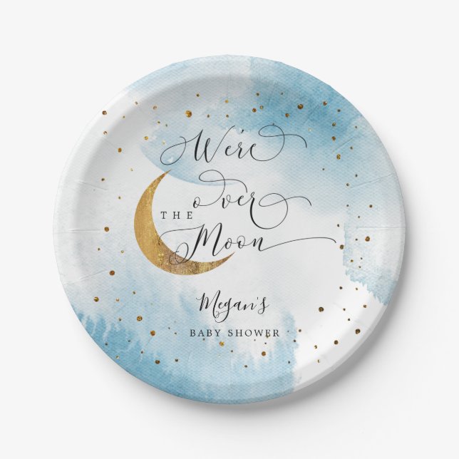 Blue Over the Moon Gold Stars Baby Shower Paper Plate (Front)