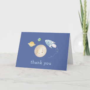 Blue Over The Moon Spaceship Rocket Baby Shower Thank You Card