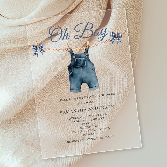 Blue Overalls Oh Boy Baby Shower  Acrylic Invitations (Creator Uploaded)