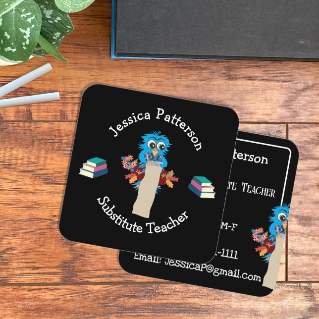 Blue Owl and Books Sub Teacher Contact Cards (Blue owl and books substitute teacher square business cards.)