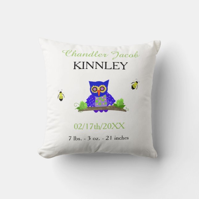 Blue Owl Baby Birth Announcement Throw Pillow (Front)