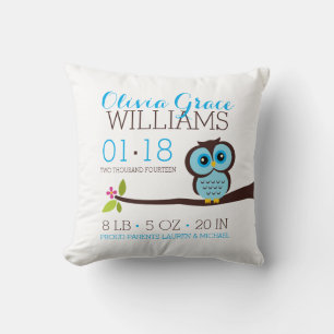 Blue Owl Baby Birth Announcement Throw Pillow