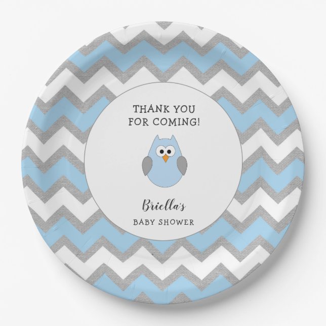 Blue owl baby shower decor, 1st birthday party paper plate (Front)