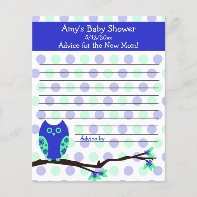 Blue Owl Baby Shower Personalized Advice Cards (Front)