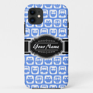 Blue Owl Black Personalized Name iPhone 11 Case