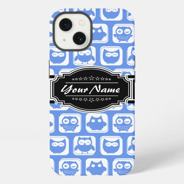 Blue Owl Black Personalized Name iPhone Case (Back)