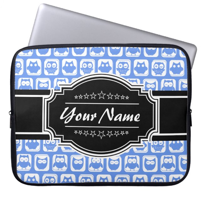 Blue Owl Black Personalized Name Laptop Sleeve (Front)