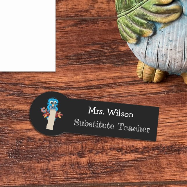 Blue Owl Black Substitute Teacher Classic Name Tag (Creator Uploaded)