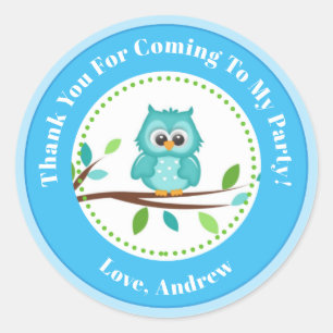 Blue Owl Boy Birthday Party Favour Stickers