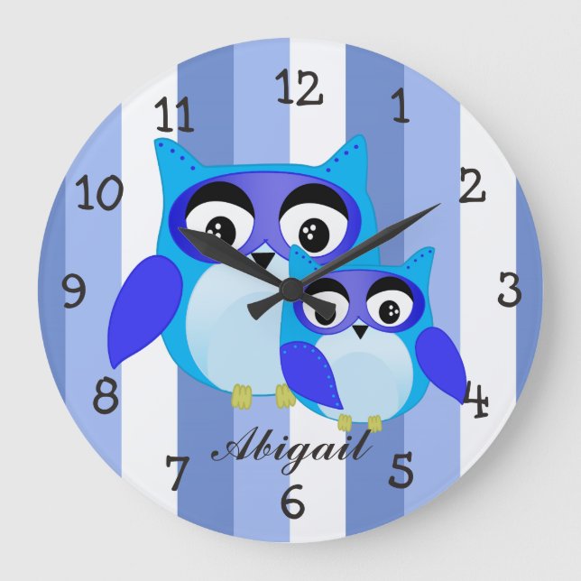 Blue owl children cartoon Illustration Large Clock (Front)