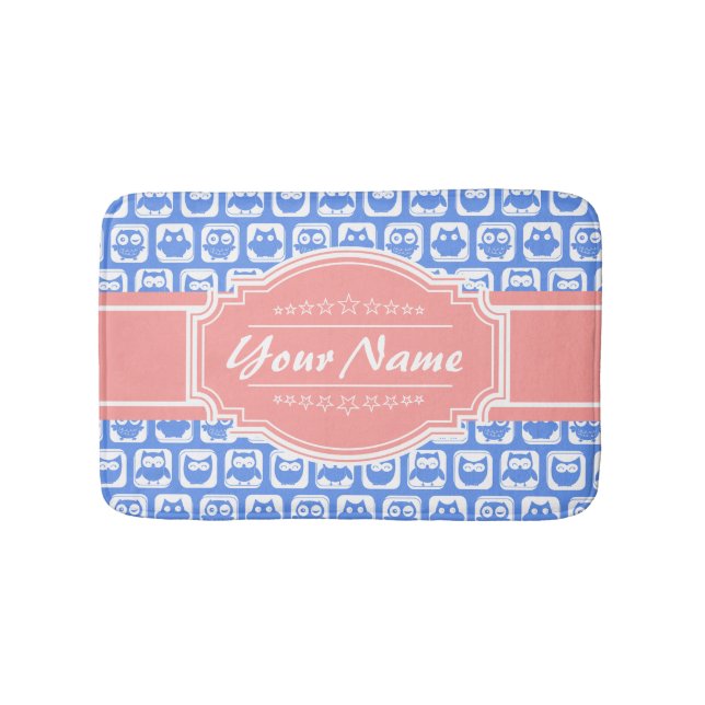 Blue Owl Coral Personalized Name Bath Mat (Front)