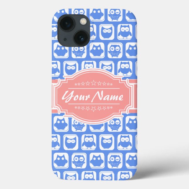 Blue Owl Coral Personalized Name Case-Mate iPhone Case (Back)