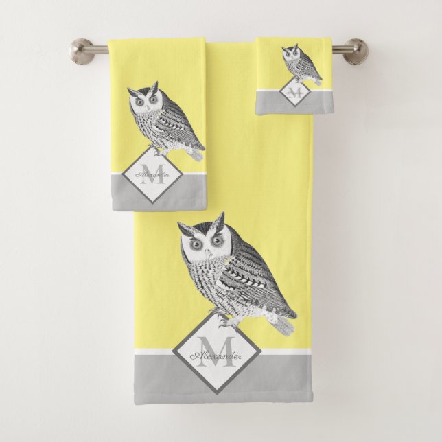 Blue Owl Grey and Yellow Monogram name Bath Towel Set (Insitu)