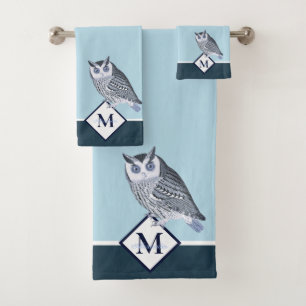 Blue Owl Grey Monogram name Bath Towel Set