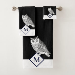 Blue Owl Grey Monogram name Bath Towel Set