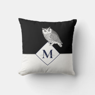Blue Owl Grey Monogram name Bathroom Bath Mat Throw Pillow