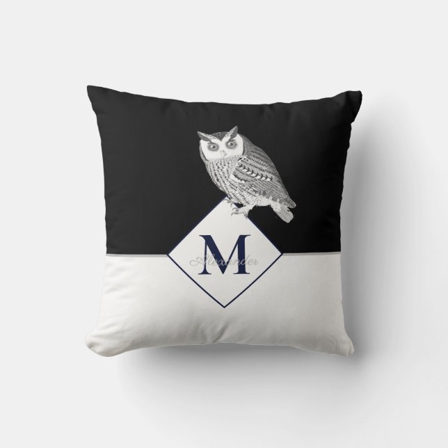 Blue Owl Grey Monogram name Bathroom Bath Mat Throw Pillow (Front)