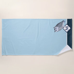 Blue Owl Grey Monogram name Beach Towel