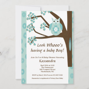 Blue Owl In A Tree Baby Boy Shower Invitation