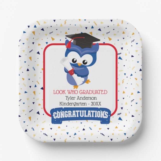 Blue Owl Kindergarten Graduation  Paper Plate (Front)