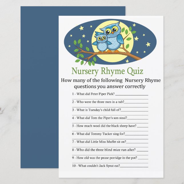 Blue Owl Nursery Rhyme Quiz baby shower game (Front/Back)