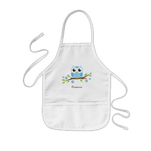 Blue owl on branch with flowers personalized name kids apron
