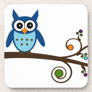 Blue Owl on Colourful Branch Coaster