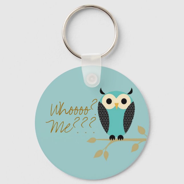 Blue Owl On Limb Who Me? Keychain (Front)