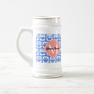 Blue Owl Pattern Coral Monogram Personalized Name Beer Stein
