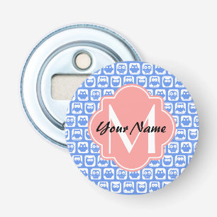 Blue Owl Pattern Coral Monogram Personalized Name Bottle Opener