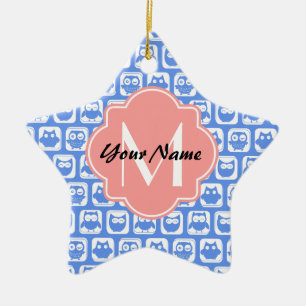 Blue Owl Pattern Coral Monogram Personalized Name Ceramic Ornament