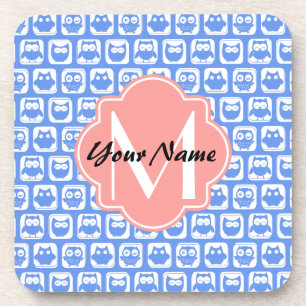 Blue Owl Pattern Coral Monogram Personalized Name Coaster