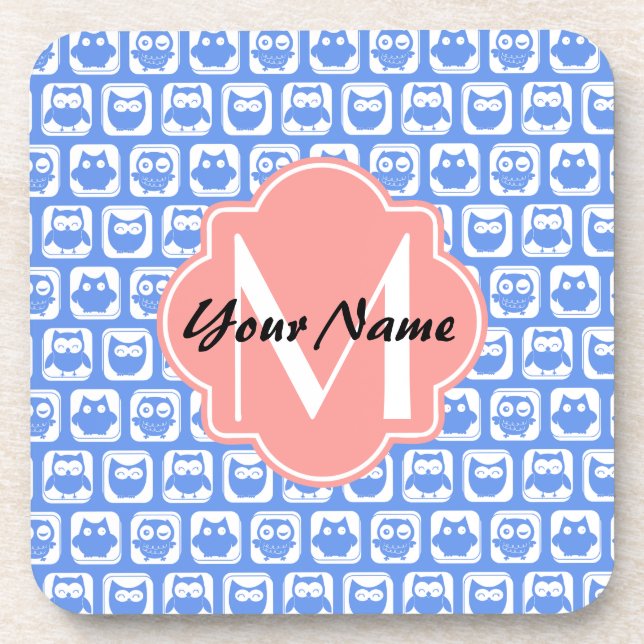 Blue Owl Pattern Coral Monogram Personalized Name Coaster (Front)