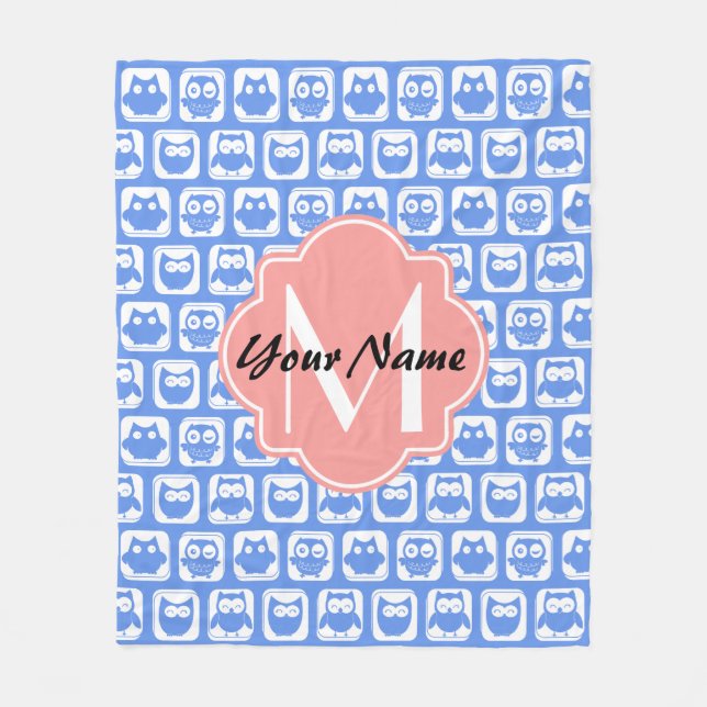 Blue Owl Pattern Coral Monogram Personalized Name Fleece Blanket (Front)