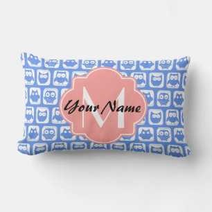 Blue Owl Pattern Coral Monogram Personalized Name Lumbar Pillow