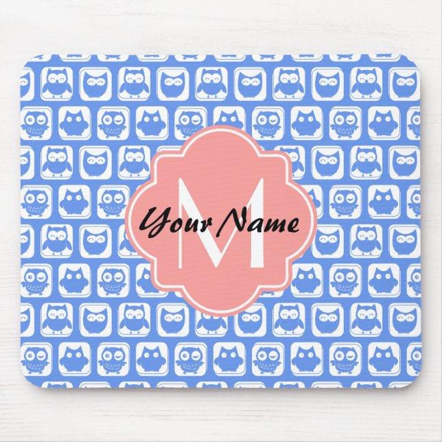 Blue Owl Pattern Coral Monogram Personalized Name Mouse Pad (Front)