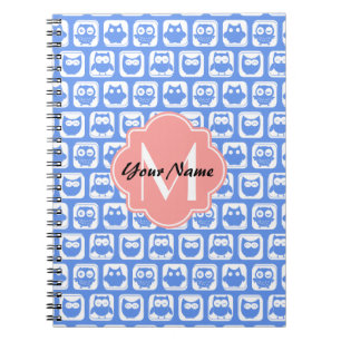 Blue Owl Pattern Coral Monogram Personalized Name Notebook