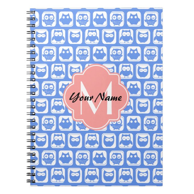 Blue Owl Pattern Coral Monogram Personalized Name Notebook (Front)