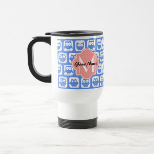 Blue Owl Pattern Coral Monogram Personalized Name Travel Mug