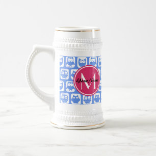 Blue Owl Pattern Pink Custom Monogram Personalized Beer Stein
