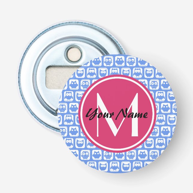 Blue Owl Pattern Pink Custom Monogram Personalized Bottle Opener (Front)