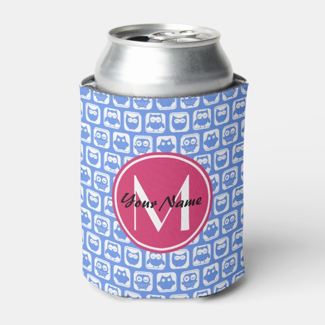 Blue Owl Pattern Pink Custom Monogram Personalized Can Cooler (Can Front)