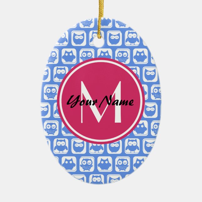 Blue Owl Pattern Pink Custom Monogram Personalized Ceramic Ornament (Front)