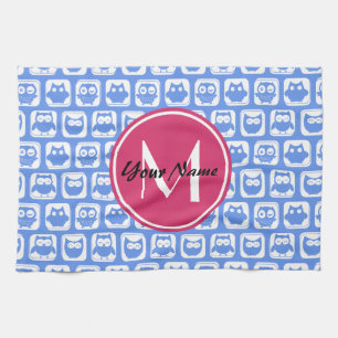Blue Owl Pattern Pink Custom Monogram Personalized Kitchen Towel