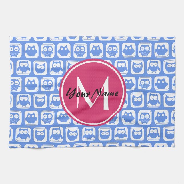 Blue Owl Pattern Pink Custom Monogram Personalized Kitchen Towel (Horizontal)