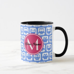 Blue Owl Pattern Pink Custom Monogram Personalized Mug