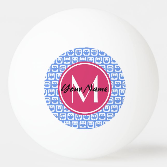 Blue Owl Pattern Pink Custom Monogram Personalized Ping Pong Ball (Front)